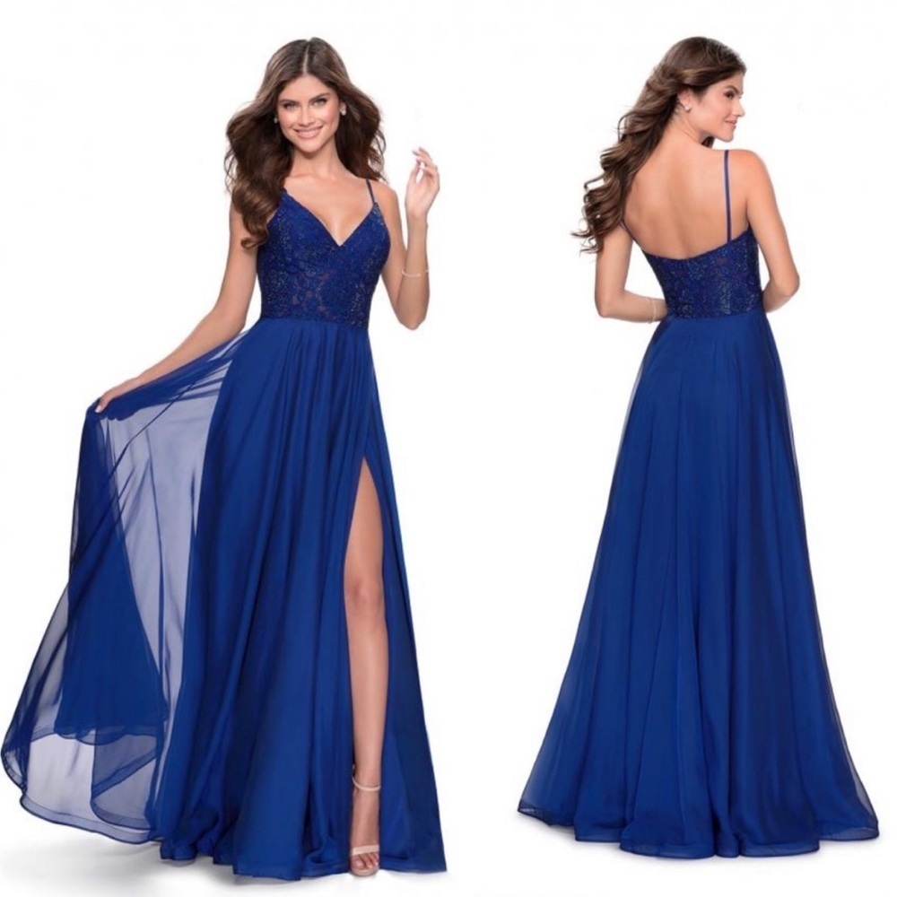 La Femme Sparkle Lace Chiffon Gown Marine Blue